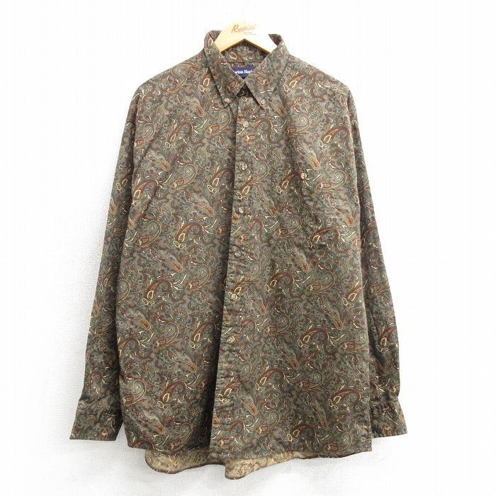 XL★古着 長袖 シャツ メンズ ペイズリー柄 大きいサイズ ロング丈 コットン ボタンダウン 緑系他 グリーン 25mar22 中古 トップス