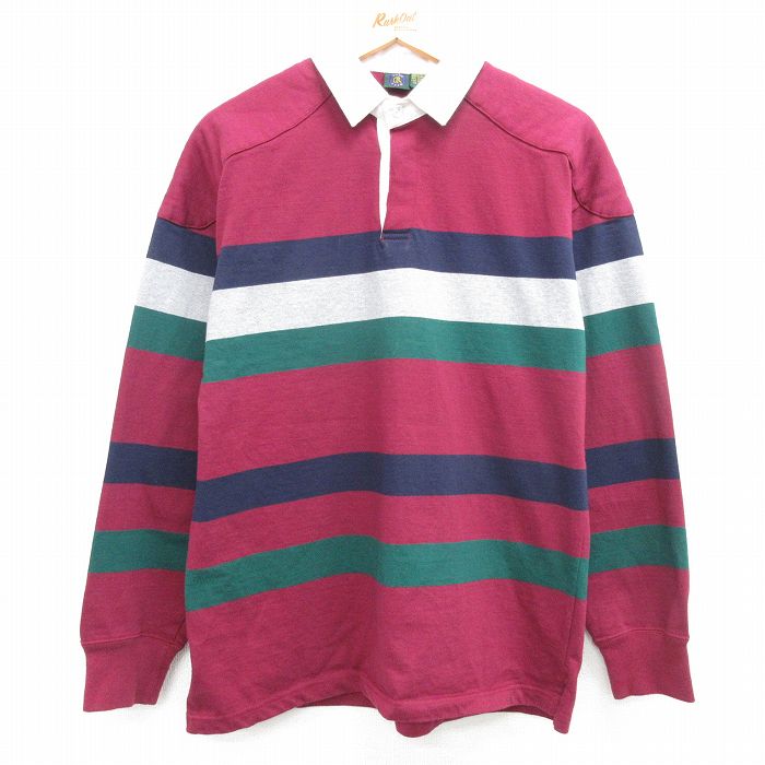 【50%OFF】M★古着 長袖 ラガー シャツ メンズ 00年代 00s ヒジ当て コットン エンジ他 ボーダー 25mar22 中古 トップス