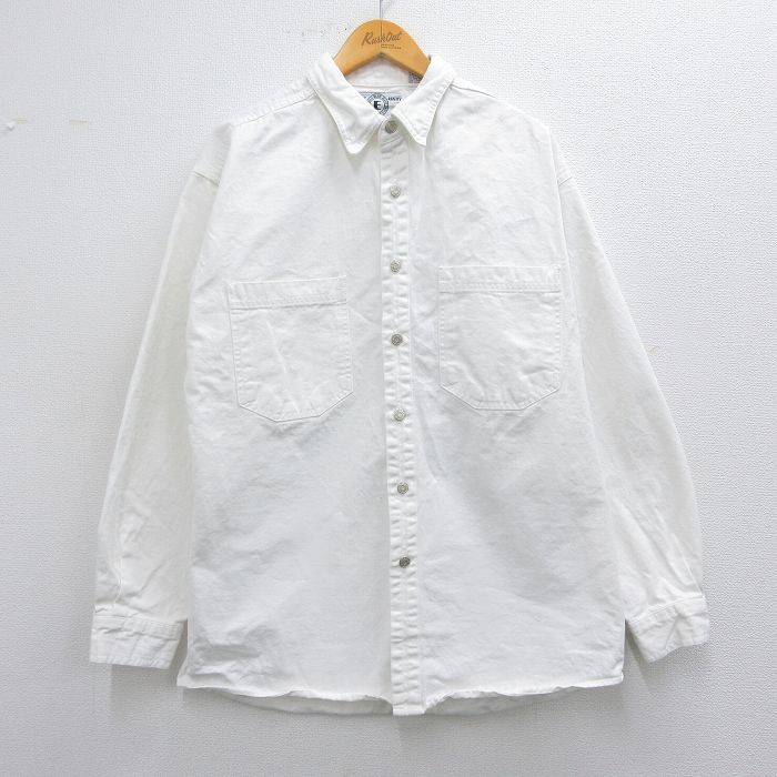 XL★古着 長袖 シャツ メンズ 00年代 00s ロング丈 コットン 白 ホワイト デニム 25mar22 中古 トップス