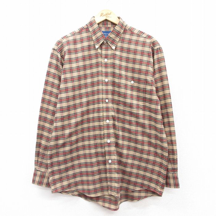 【20%OFF】L★古着 タウンクラフト 長袖 シャツ メンズ 90年代 90s ボタンダウン ベージュ他 カーキ チェック 25mar22 中古 トップス