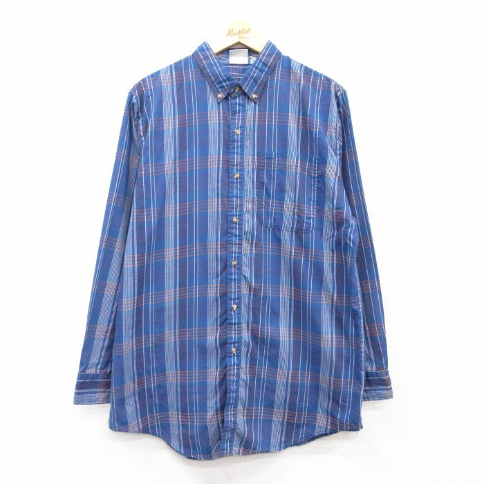 L★古着 長袖 シャツ メンズ ロング丈 ボタンダウン 紺他 ネイビー チェック 25mar22 中古 トップス