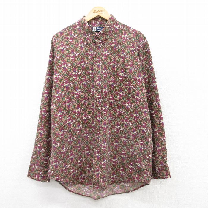 M★古着 長袖 シャツ メンズ 90年代 90s 鳥 コットン ボタンダウン 紫他 パープル 25mar24 中古 トップス