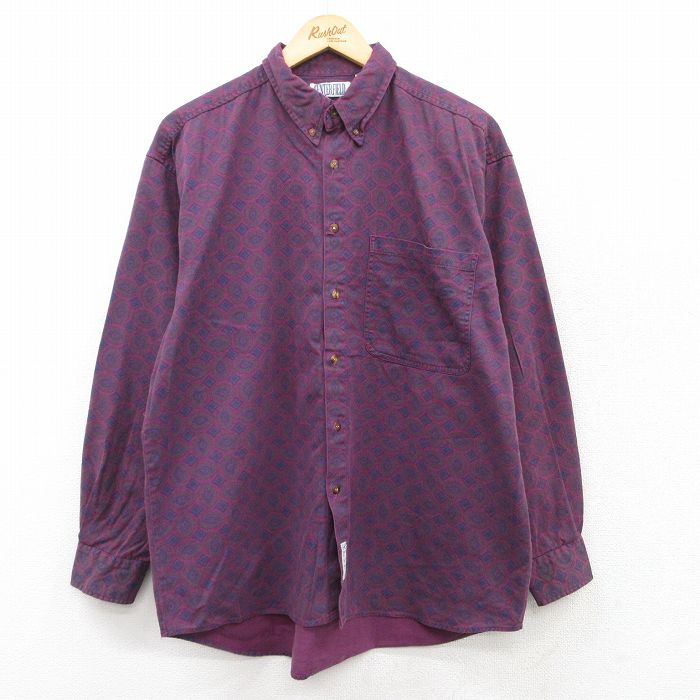 【50%OFF】XL★古着 長袖 シャツ メンズ 00年代 00s 総柄 コットン ボタンダウン 紫他 パープル 25mar24 中古 トップス
