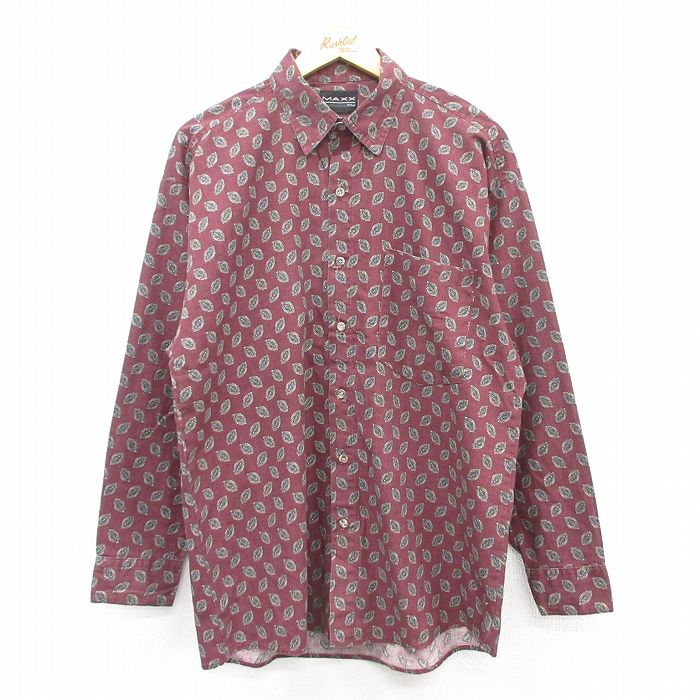 【20%OFF】L★古着 長袖 シャツ メンズ 総柄 エンジ他 25mar24 中古 トップス