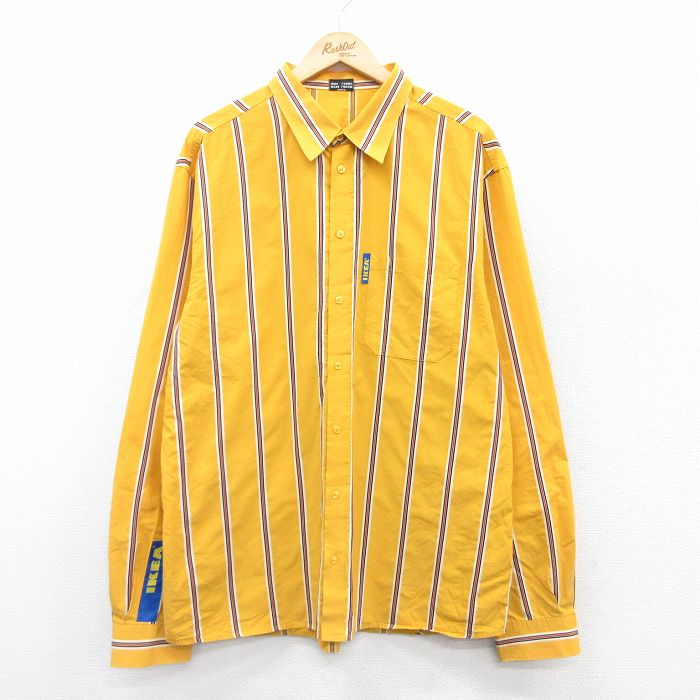 XL★古着 長袖 シャツ メンズ IKEA ロング丈 黄他 イエロー ストライプ 【spe】 25mar26 中古 トップス