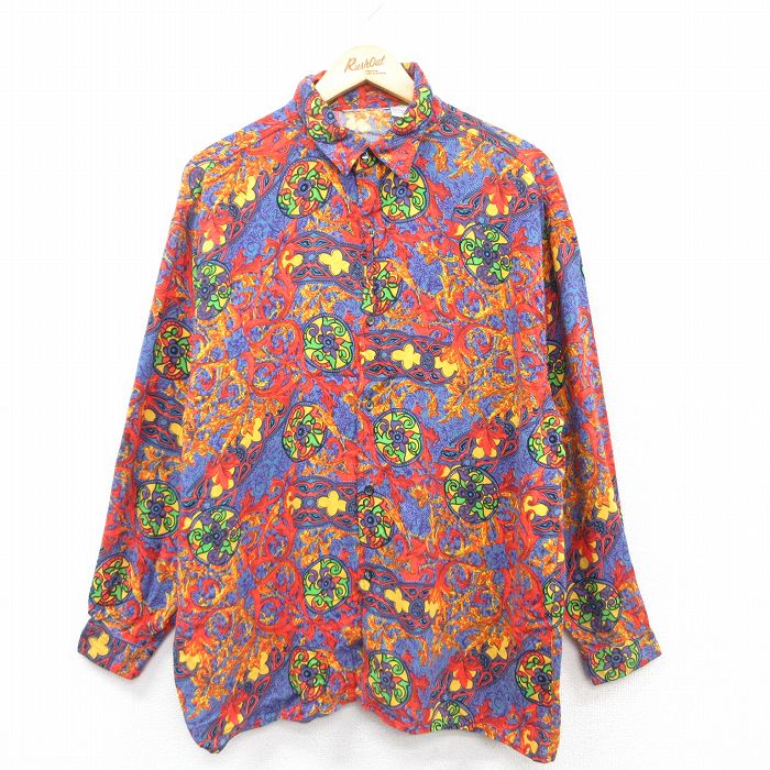 L★古着 長袖 シャツ メンズ 総柄 レーヨン オレンジ他 25mar26 中古 トップス