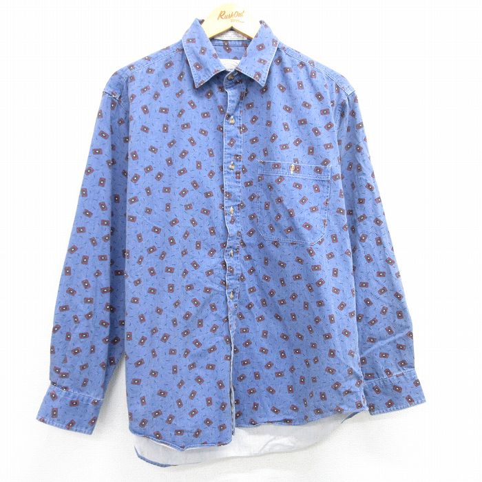 XL★古着 長袖 シャツ メンズ 00年代 00s 総柄 コットン 紺 ネイビー 霜降り他 25mar26 中古 トップス
