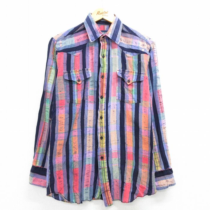 M★古着 長袖 ウエスタン シャツ メンズ 90年代 90s コットン USA製 紺他 ネイビー ストライプ 25mar26 中古 トップス