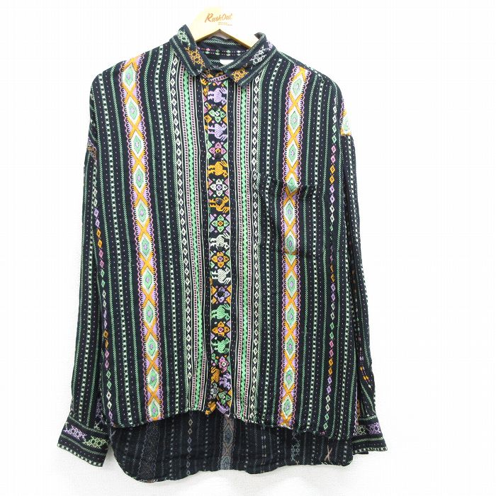 XL★古着 長袖 シャツ メンズ 大きいサイズ レーヨン 黒他 ブラック ストライプ 25mar26 中古 トップス