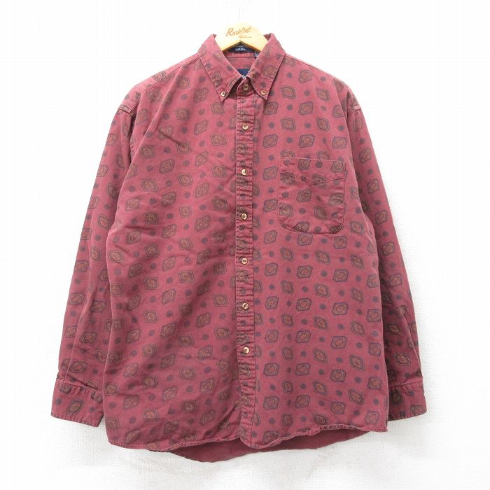XL★古着 長袖 シャツ メンズ 90年代 90s 総柄 コットン ボタンダウン エンジ 25mar26 中古 トップス