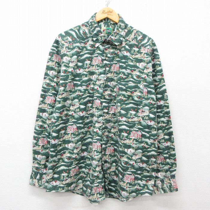 XL★古着 長袖 シャツ メンズ 90年代 90s 家 馬 ロング丈 コットン USA製 緑他 グリーン 25mar28 中古 トップス