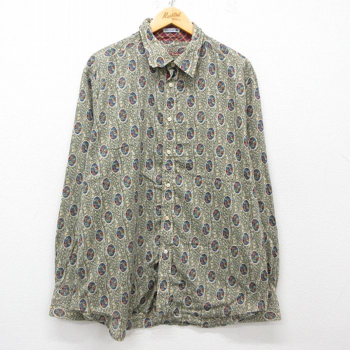 XL★古着 長袖 シャツ メンズ 総柄 コットン 濃緑他 グリーン 25mar28 中古 トップス