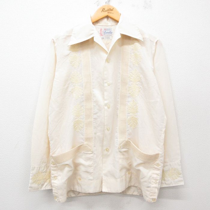 L★古着 長袖 キューバ シャツ メンズ 80年代 80s 刺繍 開襟 オープンカラー 生成り 25mar28 中古 トップス