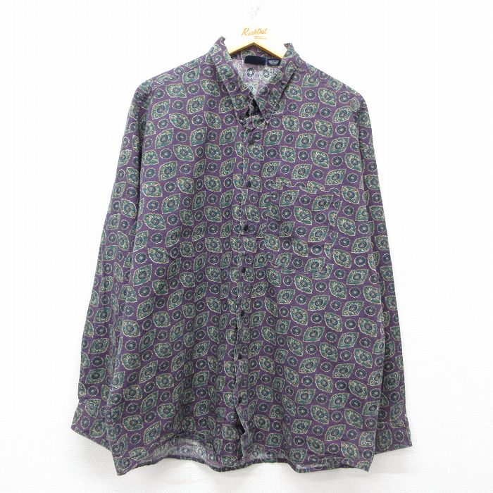 XL★古着 長袖 シャツ メンズ 90年代 90s 総柄 コットン ボタンダウン USA製 紫他 パープル 【spe】 25mar28 中古 トップス