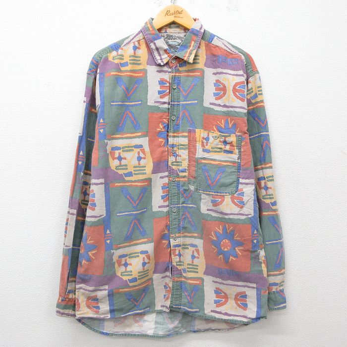 【50%OFF】L★古着 Pier Connection 長袖 シャツ メンズ 90年代 90s ロング丈 コットン 緑他 グリーン 25mar28 中古 トップス