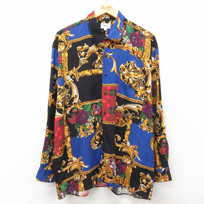 XL★古着 長袖 シャツ メンズ 花 レーヨン 黒他 ブラック 25mar28 中古 トップス