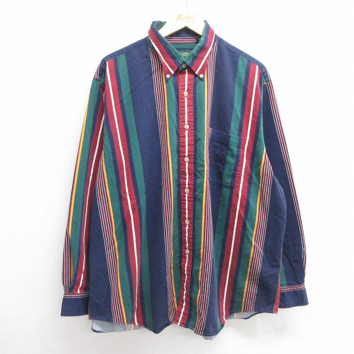 【50%OFF】XL★古着 長袖 シャツ メンズ 00年代 00s 大きいサイズ ボタンダウン 紺他 ネイビー ストライプ 25mar28 中古 トップス