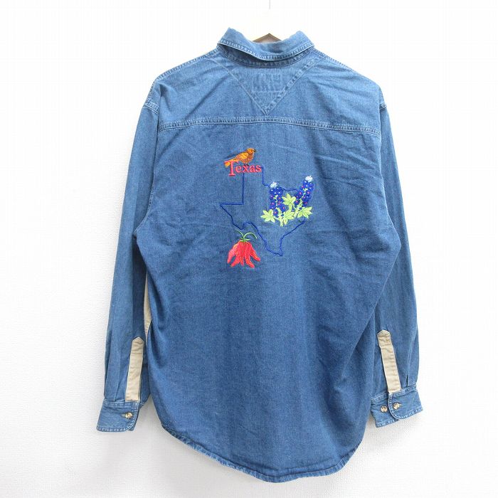 XL★古着 長袖 シャツ メンズ 花 テキサス トウガラシ 刺繍 コットン ボタンダウン 紺 ネイビー デニム他 【spe】 25mar28 中古 トップス