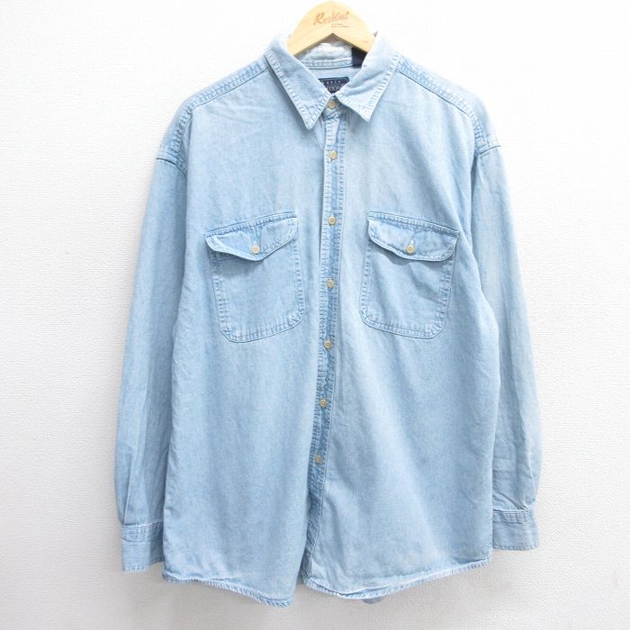 XL★古着 ベーシックエディションズ 長袖 シャツ メンズ 00年代 00s ロング丈 コットン 薄紺 ネイビー デニム 25mar28 中古 トップス