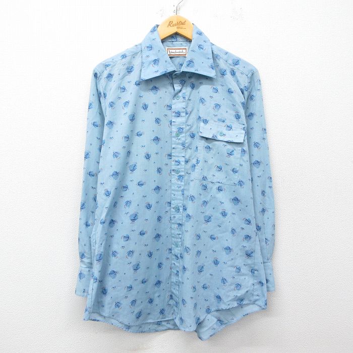 L★古着 長袖 シャツ メンズ 70年代 70s 総柄 薄紺他 ネイビー 25mar29 中古 トップス