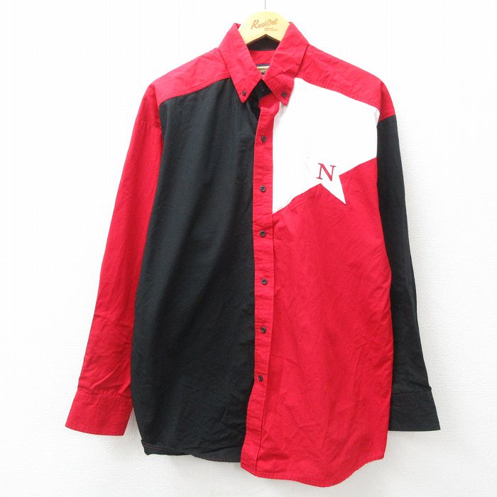 L★古着 長袖 シャツ メンズ 90年代 90s N マルチカラー コットン ボタンダウン USA製 赤他 レッド 25mar31 中古 トップス