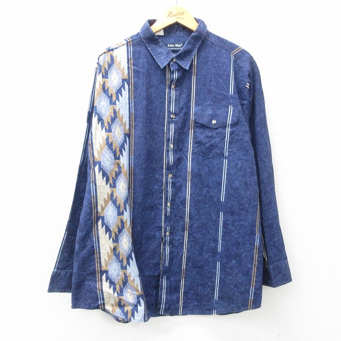 XL★古着 長袖 シャツ メンズ 90年代 90s ネイティブ柄 ラグ柄 コットン 紺他 ネイビー 25mar31 中古 トップス