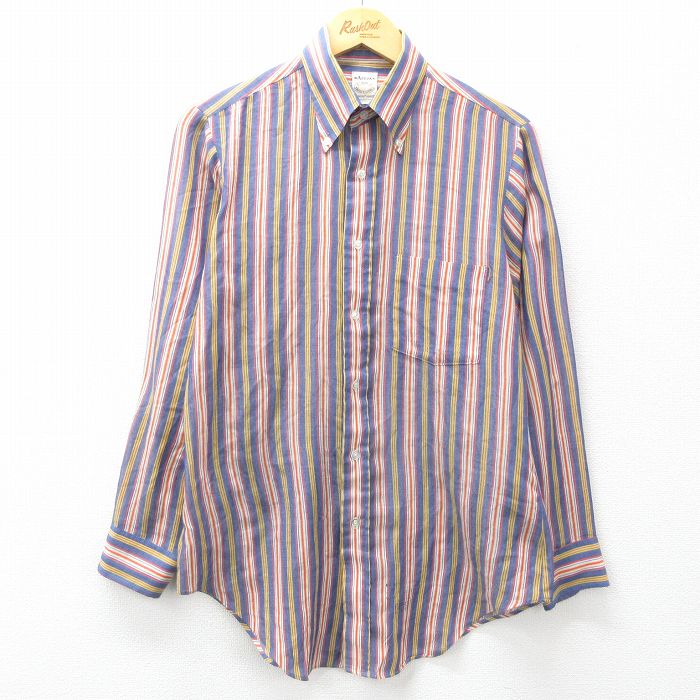 M★古着 アロー 長袖 シャツ メンズ 80年代 80s USA製 紺他 ネイビー ストライプ 25mar31 中古 トップス