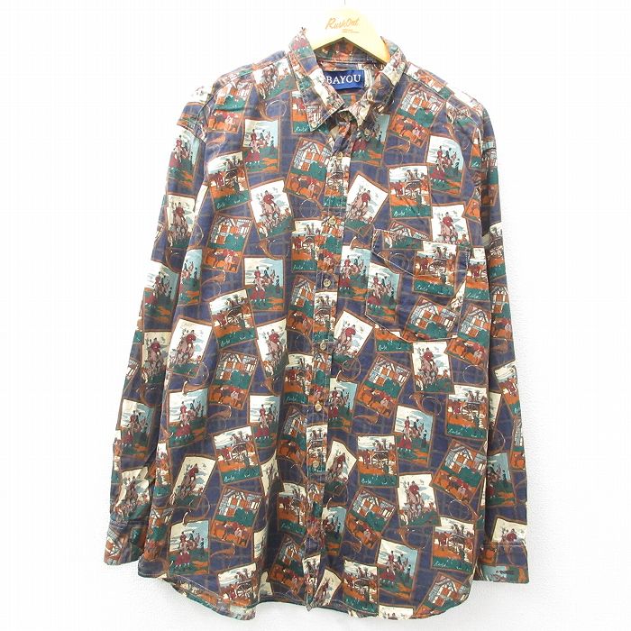 【50%OFF】XL★古着 長袖 シャツ メンズ 乗馬 大きいサイズ ロング丈 コットン ボタンダウン 紺他 ネイビー 【spe】 25mar31 中古 トップス