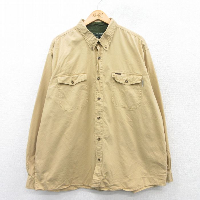 XL★古着 長袖 シャツ メンズ 大きいサイズ コットン ボタンダウン ベージュ カーキ 25mar31 中古 トップス