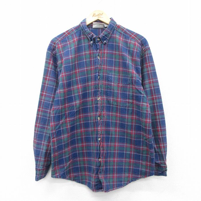 XL★古着 長袖 シャツ メンズ 00年代 00s コットン ボタンダウン 紺 ネイビー チェック 25mar31 中古 トップス