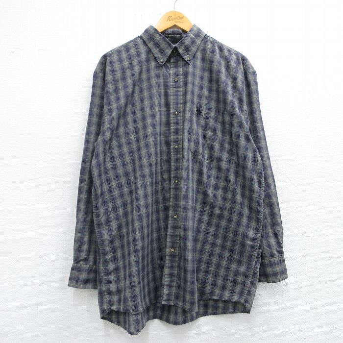 XL★古着 長袖 シャツ メンズ 90年代 90s ボタンダウン 紺他 ネイビー チェック 25mar31 中古 トップス