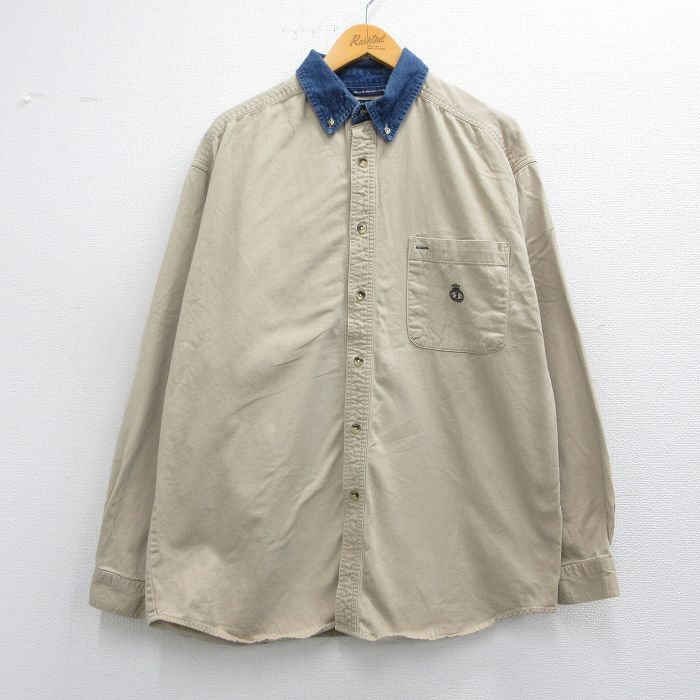 XL★古着 長袖 シャツ メンズ コットン 襟デニム ボタンダウン ベージュ他 カーキ 25mar31 中古 トップス