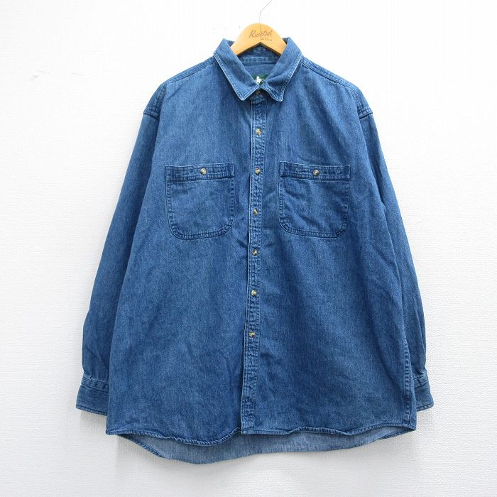 XL★古着 長袖 シャツ メンズ 90年代 90s 大きいサイズ コットン 紺 ネイビー デニム 【spe】 25mar31 中古 トップス