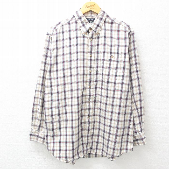 XL★古着 長袖 シャツ メンズ 00年代 00s コットン ボタンダウン 薄ベージュ他 カーキ チェック 25apr01 中古 トップス