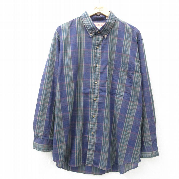 XL★古着 マックレガー 長袖 シャツ メンズ 90年代 90s 大きいサイズ ロング丈 ボタンダウン 紺他 ネイビー チェック 25apr01 中古 トップス