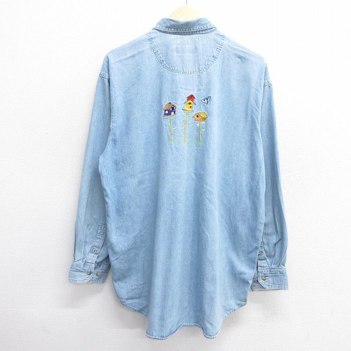 M★古着 長袖 シャツ メンズ 鳥 刺繍 コットン ボタンダウン 薄紺 ネイビー デニム 25apr02 中古 トップス