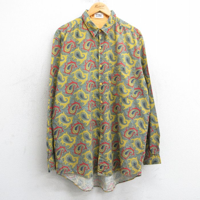 XL★古着 長袖 シャツ メンズ 90年代 90s ペイズリー柄 ロング丈 コットン 黄他 イエロー 25apr03 中古 トップス