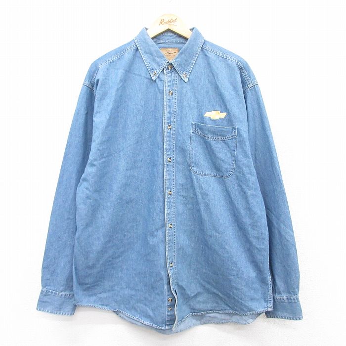 XL★古着 長袖 シャツ メンズ シボレー ロング丈 コットン ボタンダウン 紺 ネイビー デニム 25apr09 中古 トップス