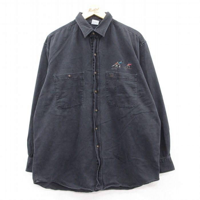 XL★古着 エレッセ ellesse 長袖 シャツ メンズ 90年代 90s スキー 大きいサイズ ロング丈 コットン 黒 ブラック デニム 【spe】 25apr09 中古 トップス