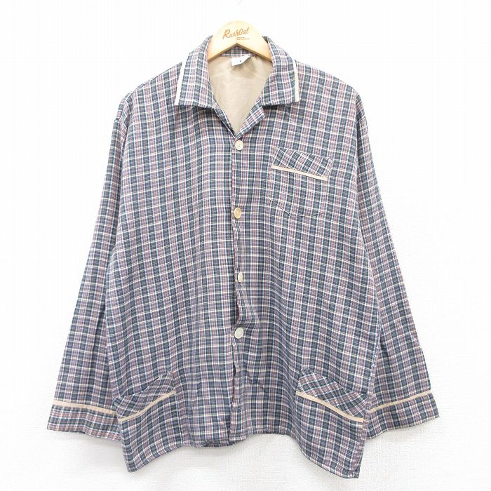 L★古着 長袖 パジャマ シャツ メンズ 90年代 90s 開襟 オープンカラー 緑他 グリーン チェック 25apr09 中古 トップス