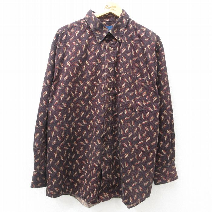 XL★古着 タウンクラフト 長袖 シャツ メンズ 総柄 大きいサイズ ロング丈 コットン ボタンダウン 黒他 ブラック 25apr09 中古 トップス