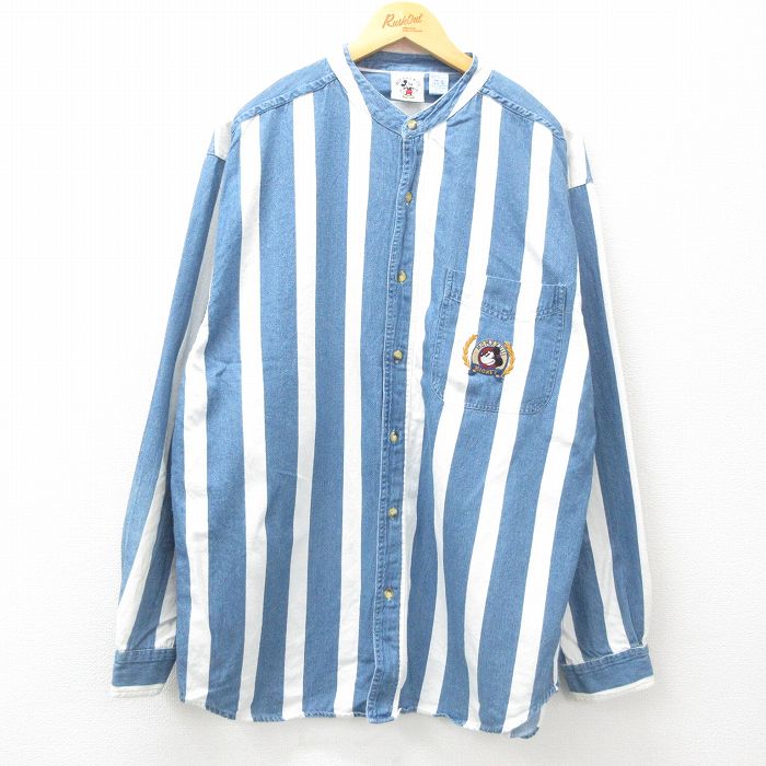 【20%OFF】XL★古着 長袖 シャツ メンズ 90年代 90s ディズニー DISNEY ミッキー MICKEY MOUSE ロング丈 コットン ノーカラー 紺他 ネイビー ストライプ 【spe】 25apr09 中古 トップス