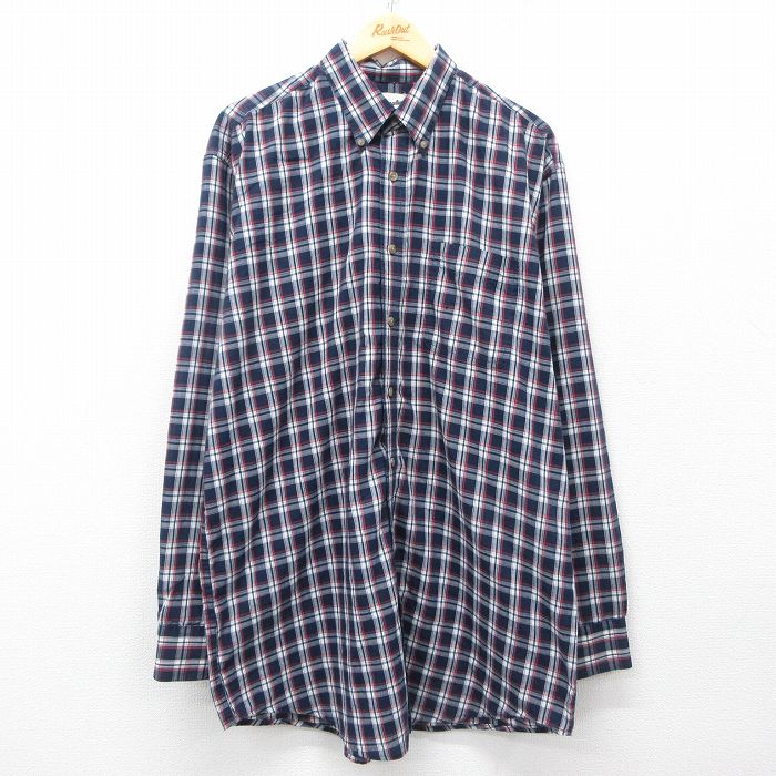 XL★古着 ラングラー Wrangler 長袖 シャツ メンズ 大きいサイズ ロング丈 ボタンダウン 濃紺他 ネイビー チェック 25apr11 中古 トップス
