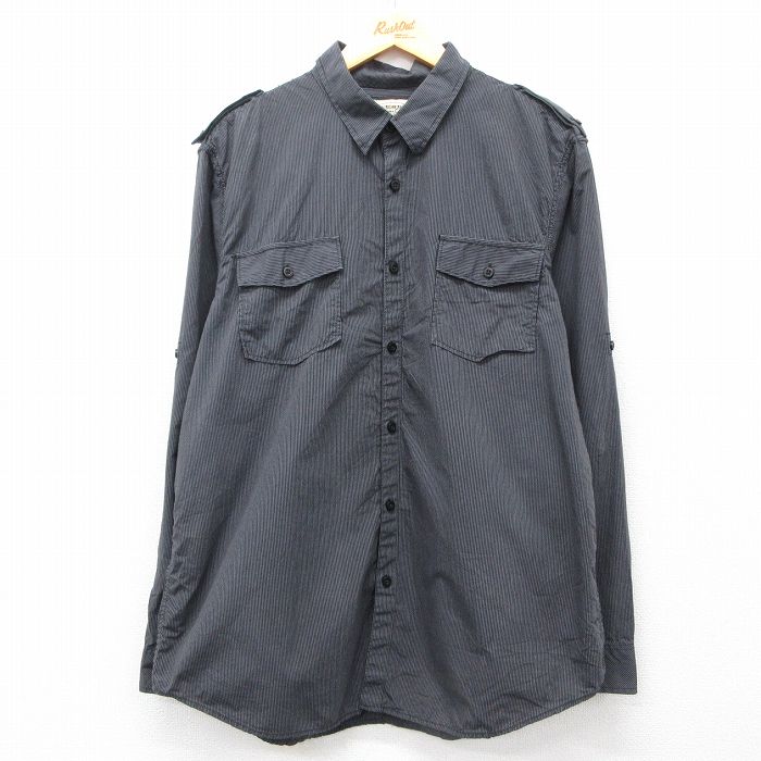 XL★古着 長袖 シャツ メンズ 黒他 ブラック ストライプ 25apr11 中古 トップス