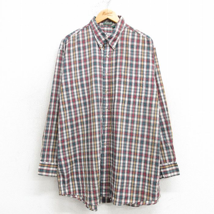 XL★古着 長袖 シャツ メンズ 90年代 90s 大きいサイズ ロング丈 ボタンダウン 緑他 グリーン チェック 25apr14 中古 トップス