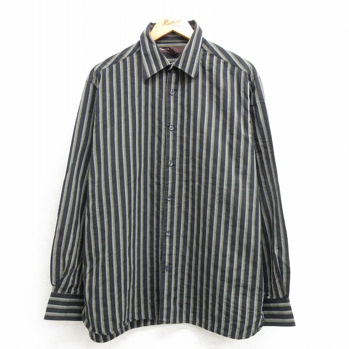 【20%OFF】XL★古着 ペリーエリス 長袖 シャツ メンズ コットン 黒他 ブラック ストライプ 25apr14 中古 トップス