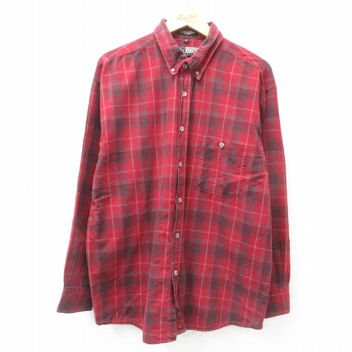 XL★古着 長袖 シャツ メンズ コットン ボタンダウン 赤 レッド チェック 25apr14 中古 トップス
