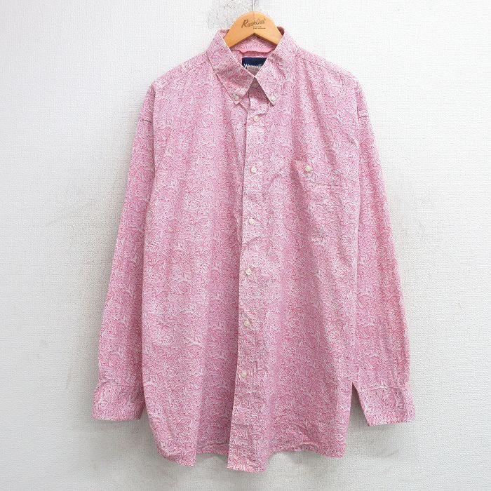 XL★古着 ラングラー Wrangler 長袖 シャツ メンズ 総柄 ロング丈 コットン ボタンダウン ピンク他 25apr16 中古 トップス