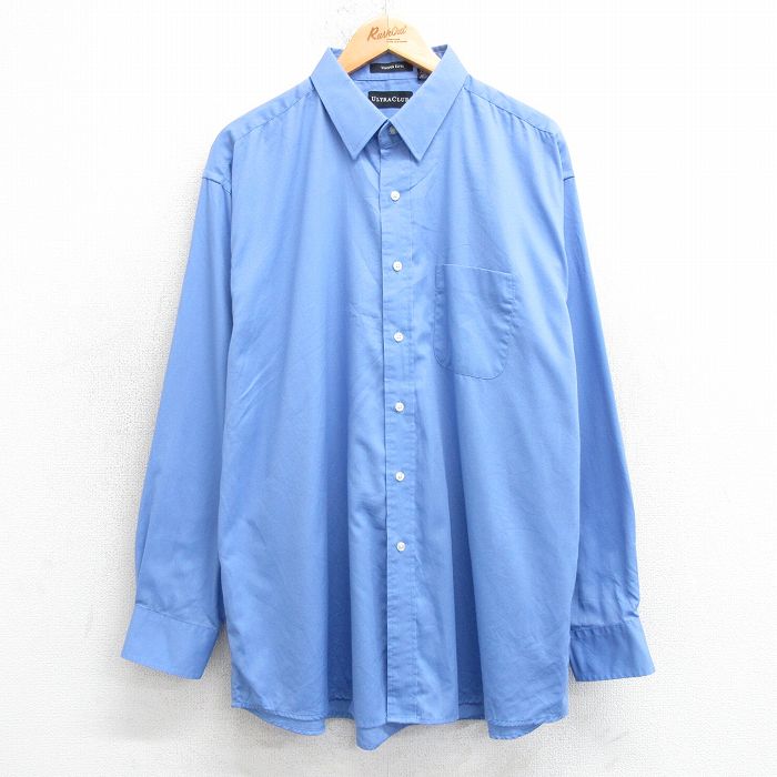 XL★古着 長袖 シャツ メンズ 大きいサイズ ロング丈 薄紺 ネイビー 25apr16 中古 トップス