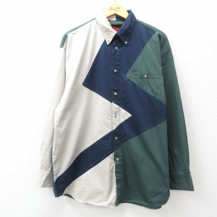 XL★古着 MO BETTA 長袖 シャツ メンズ マルチカラー ボタンダウン 緑他 グリーン 【spe】 25apr18 中古 トップス